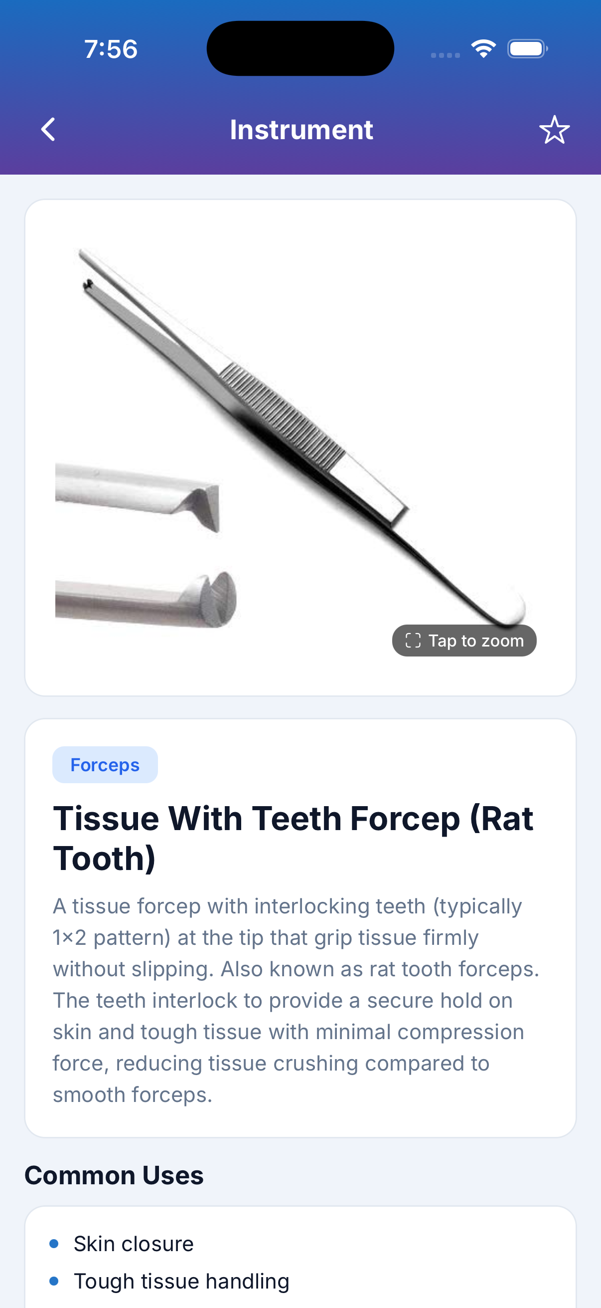 Instrument detail card: tissue forcep with reference photos, description, and common uses