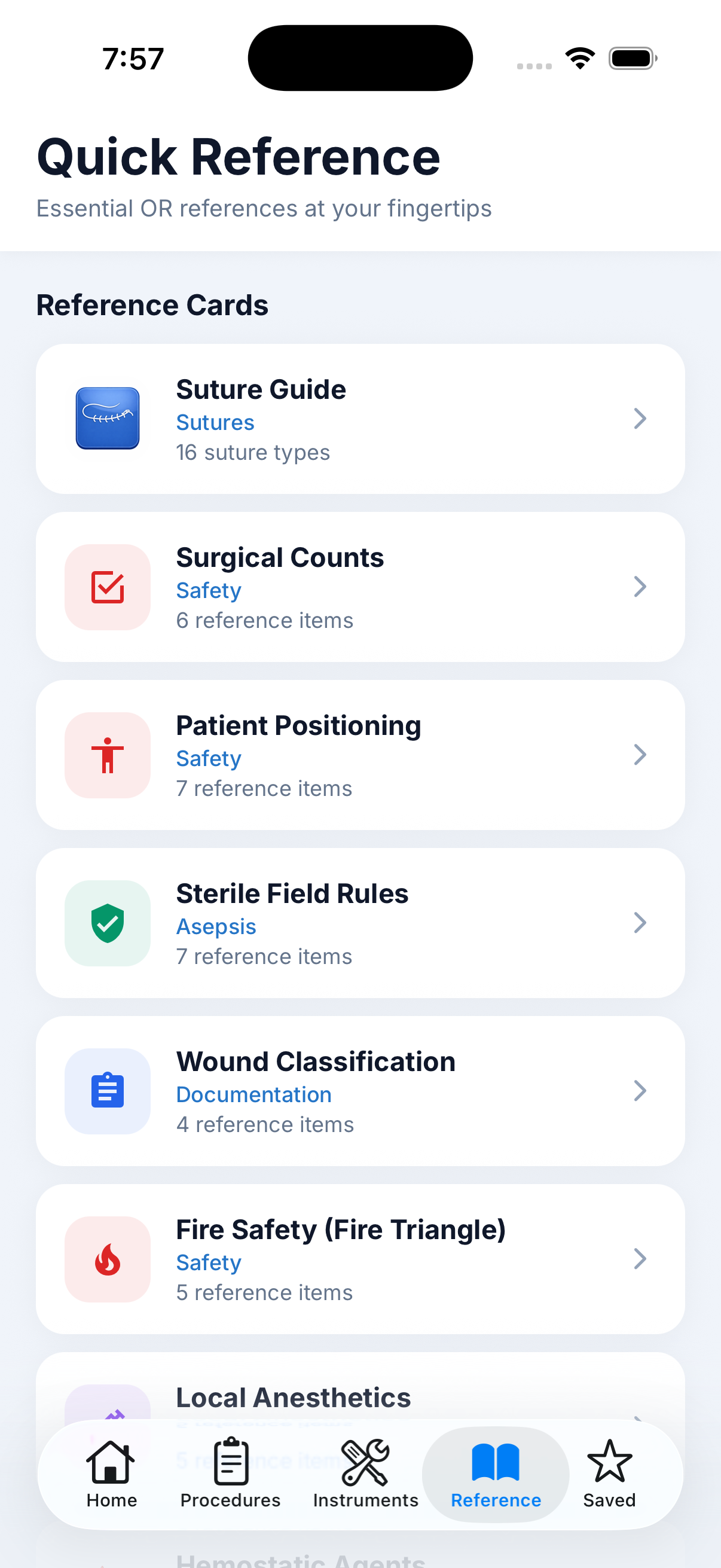Quick Reference cards: suture guide, surgical counts, patient positioning, sterile field rules, and more